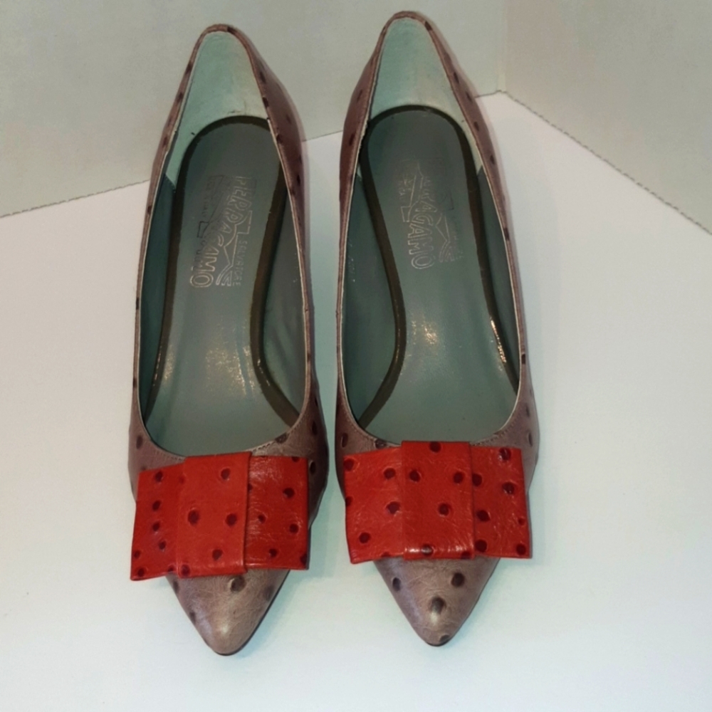 Ferragamo Ostrich Kitten Heel Pumps